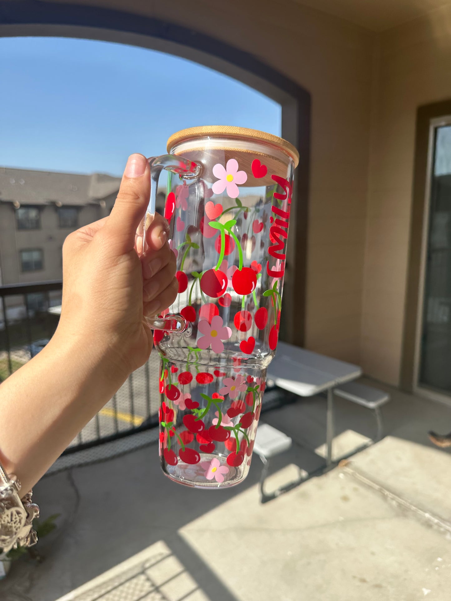 Cherry and hearts personalized 40oz glass tumbler