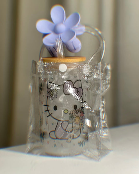 Lavender spring Kitty frosted glass cup