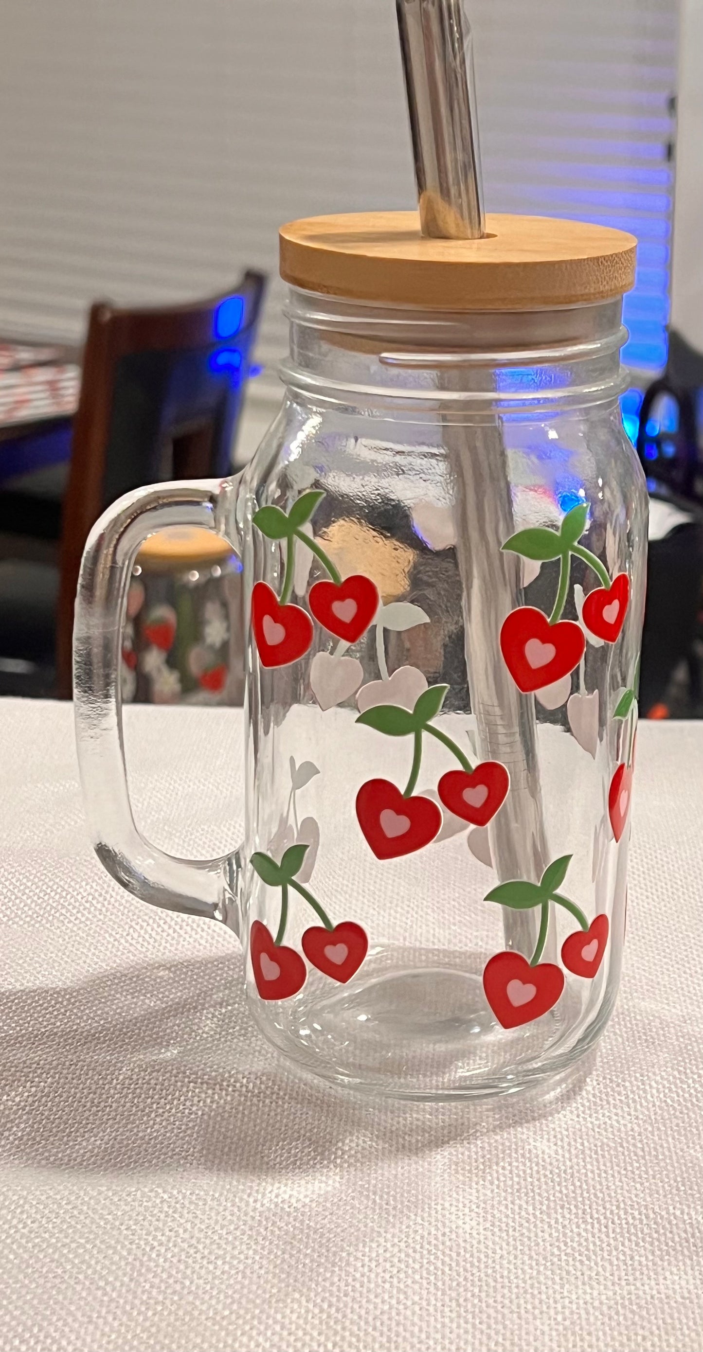 Cherries 🍒 hearts ❤️ mason jar with handle