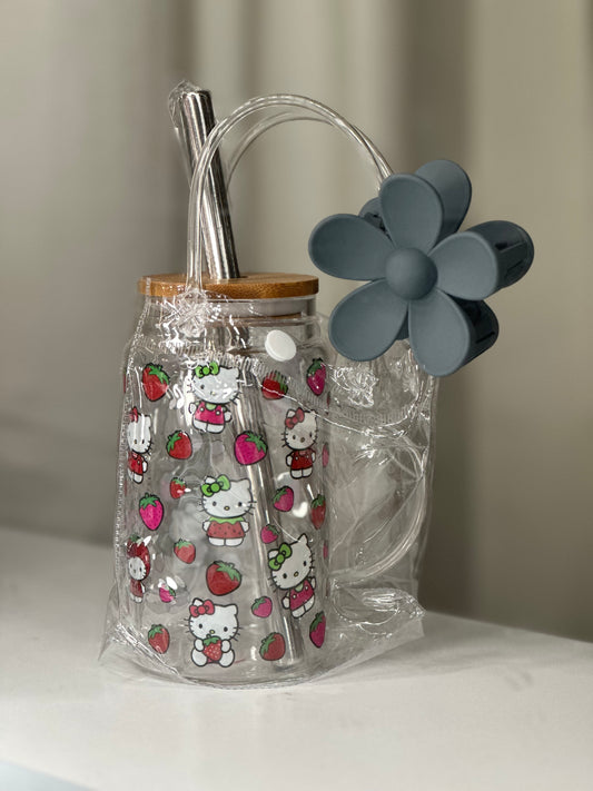 Kitty and strawberries mini glass cup set