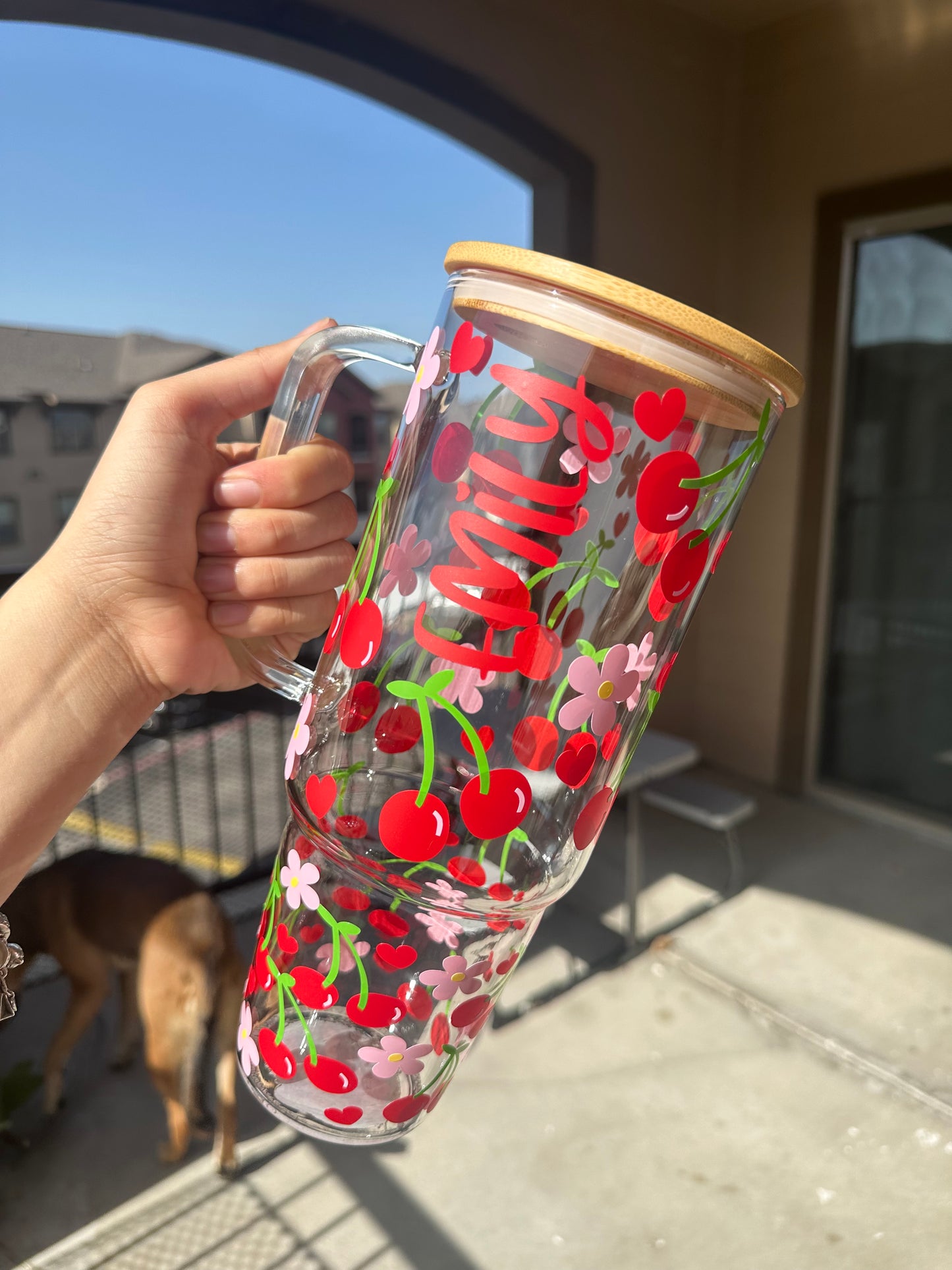 Cherry and hearts personalized 40oz glass tumbler