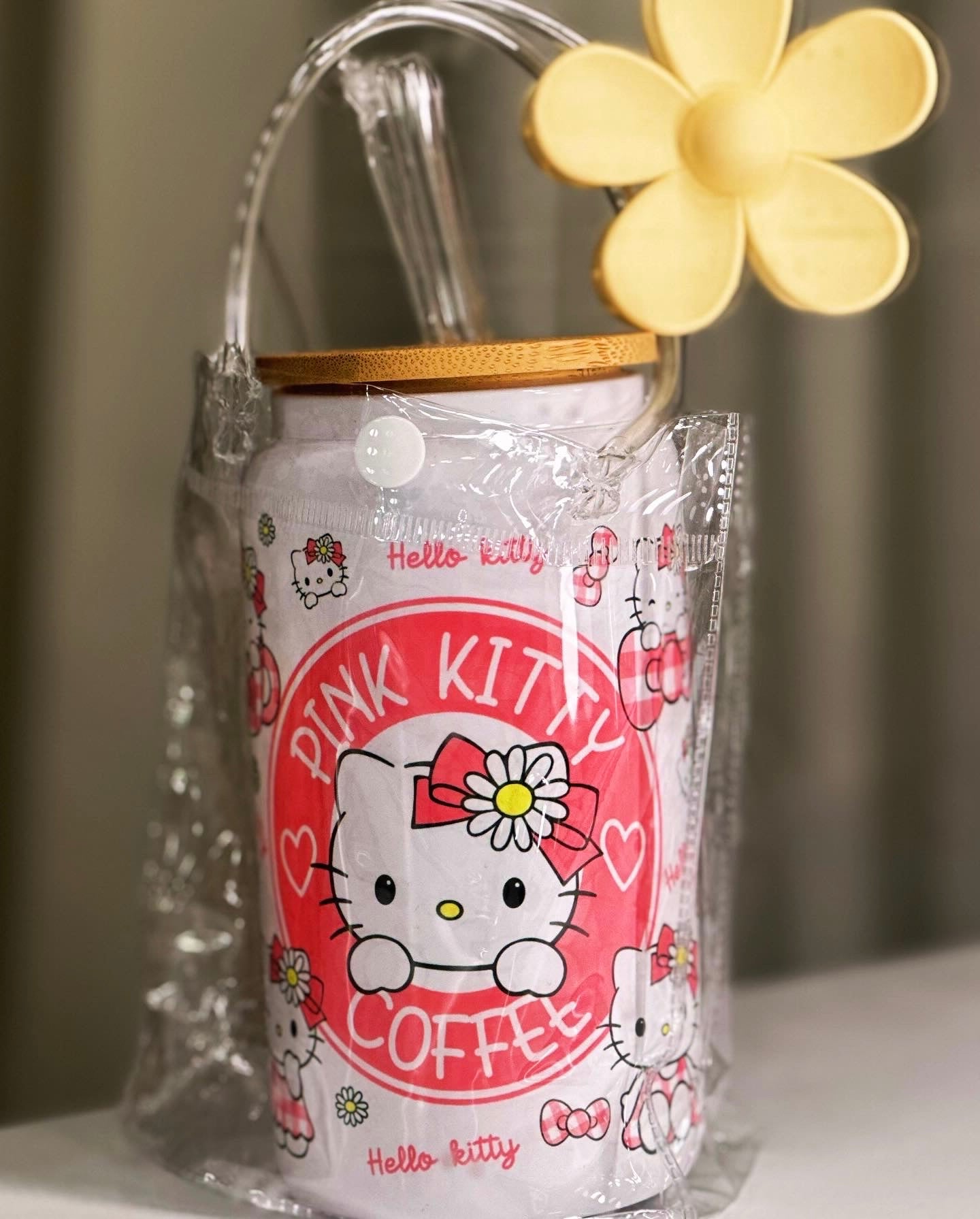 Pink Kitty glass cup set