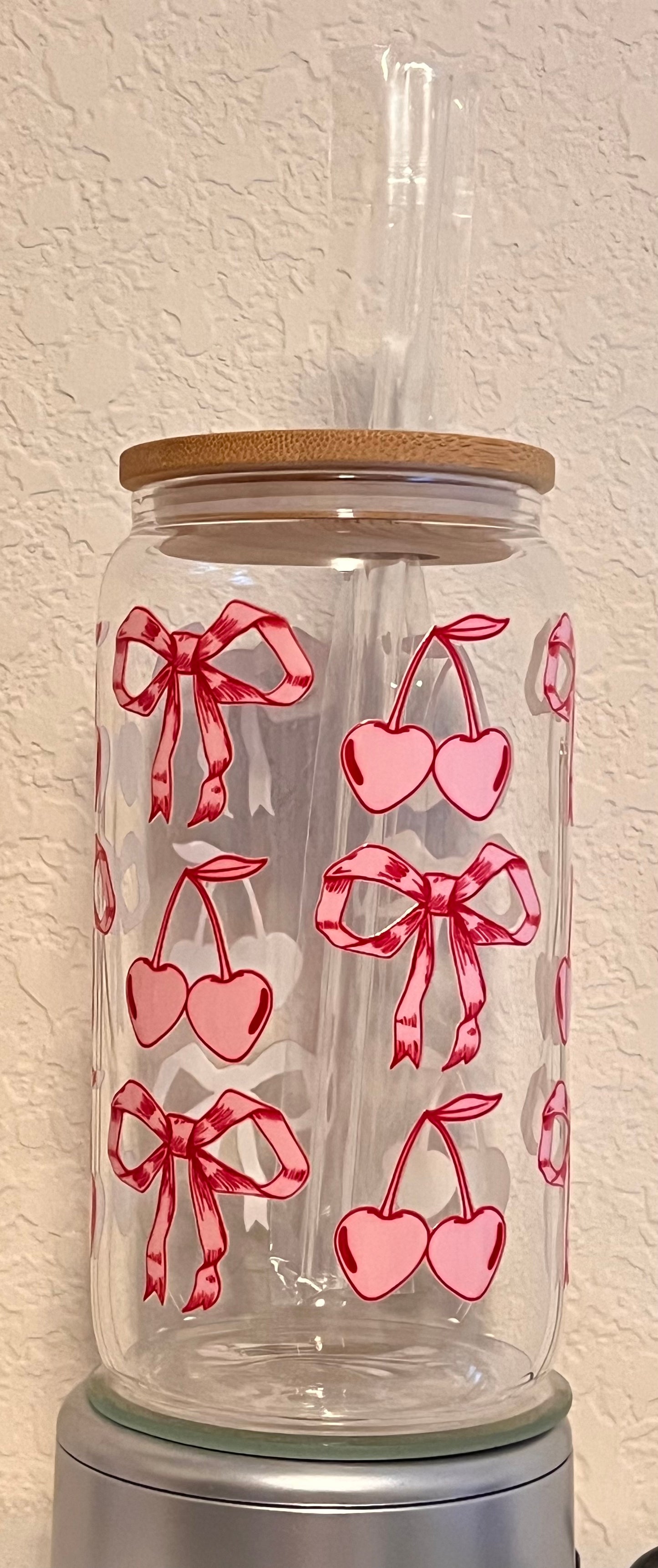 Bows 🎀 and cherries 🍒 hearts ❤️ glass cup