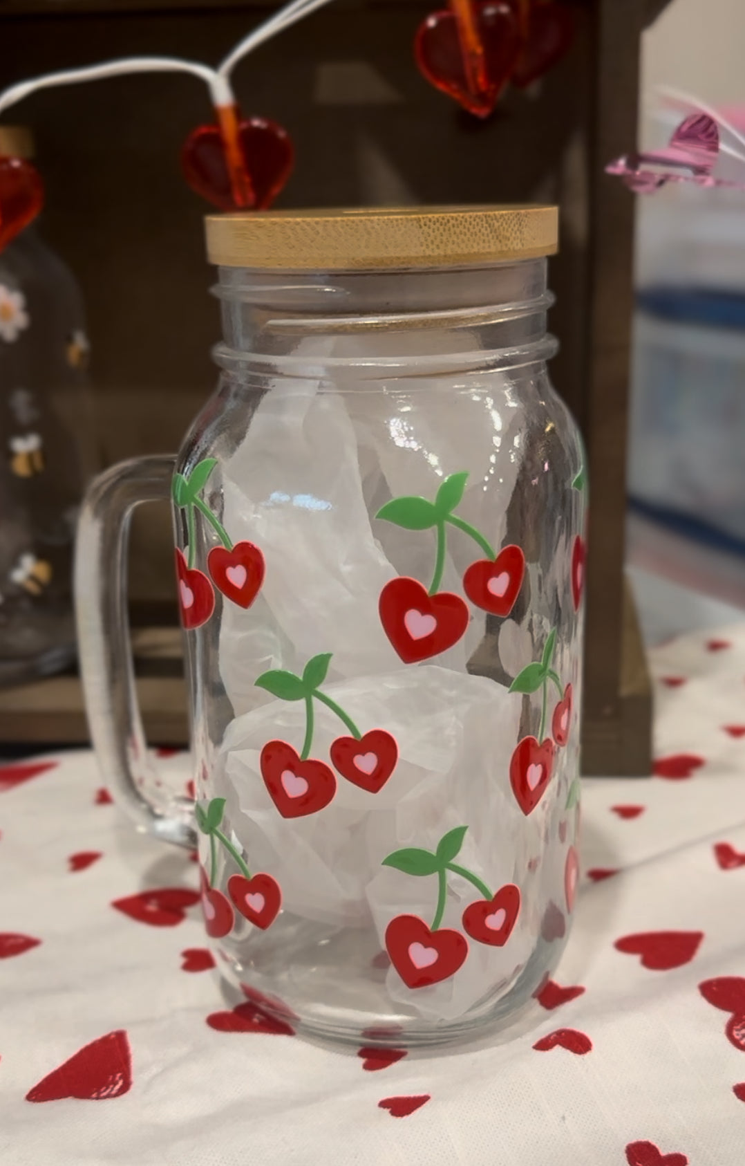 cherry heart glass jar with handle
