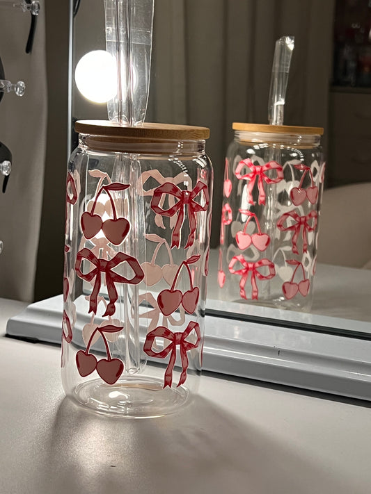 Bows 🎀 and cherries 🍒 hearts ❤️ glass cup